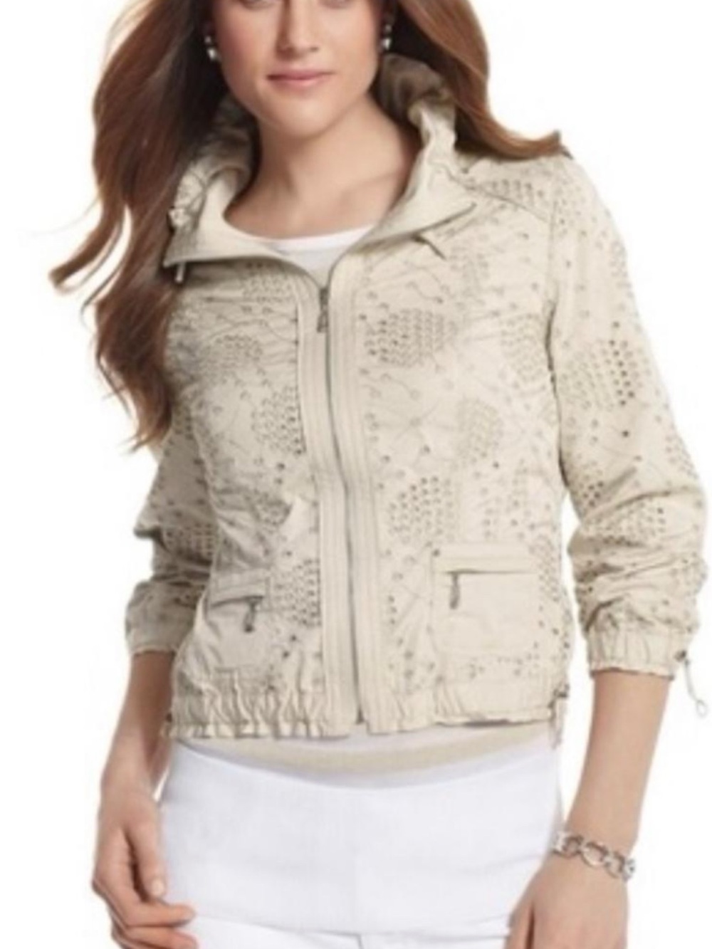 White House Black Market White Eyelet Zip-Front Bomber Jacket Sz 6